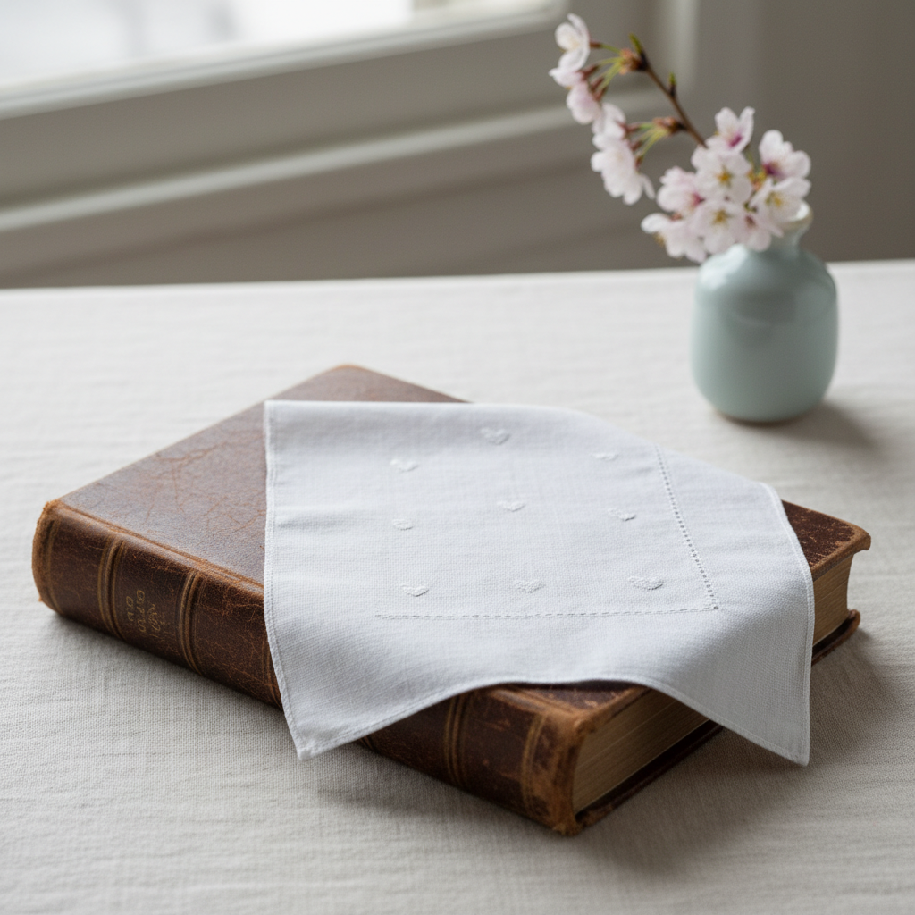 A single, pristine white handkerchief with a finely hemmed border and subtle, tone-on-tone embroidered hearts lies gently draped over the corner of a well-worn leather-bound book. The book rests on a linen-covered table near a window, where diffused overcast daylight creates a serene, even illumination. In the softly blurred background, a small ceramic vase holds a simple branch of blossoming cherry, adding a hint of color and life. Shot straight-on with a medium depth of field in a clean, photographic realism style, the scene feels serene and introspective, evoking themes of legacy, memory, and love quietly preserved in everyday objects.