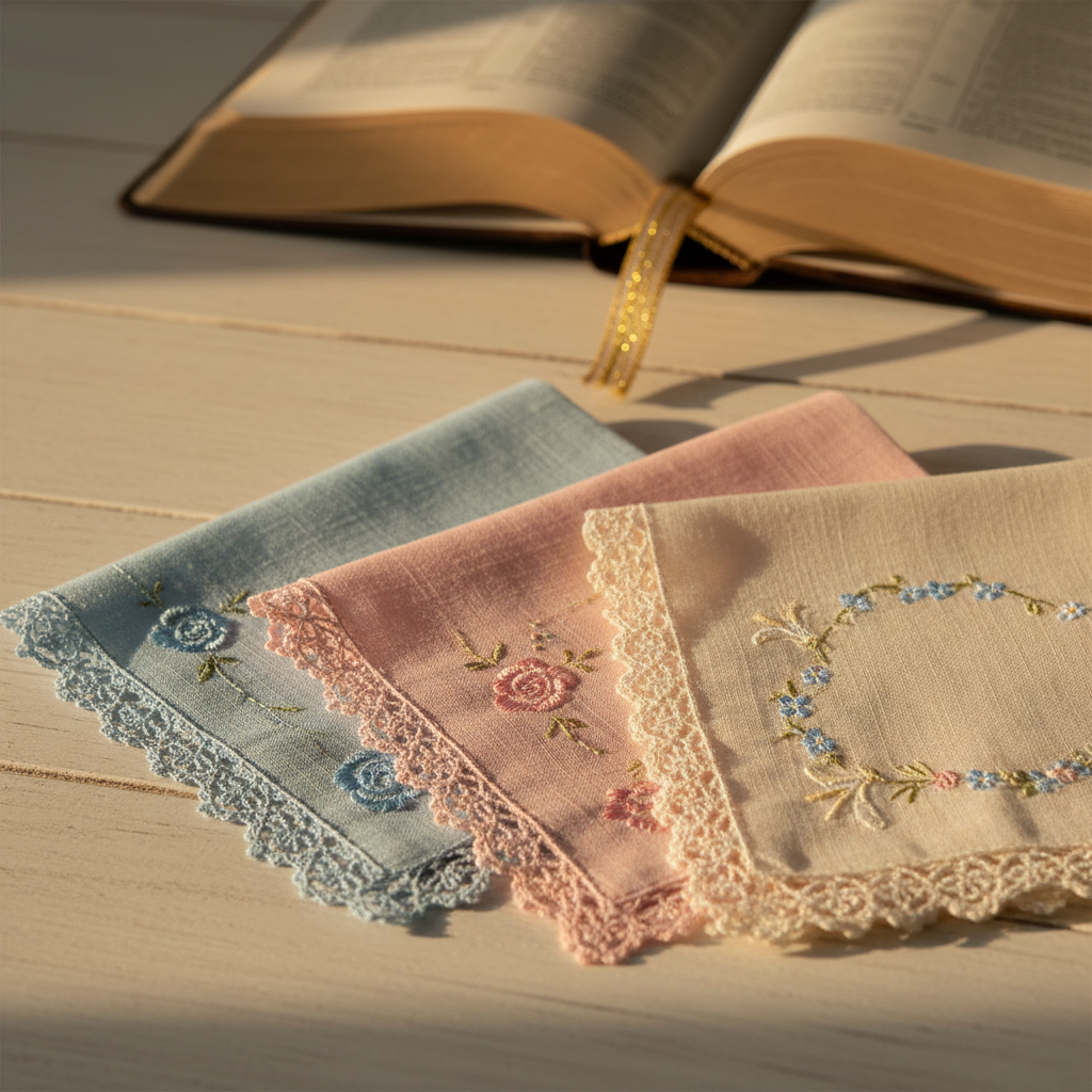 A small stack of pastel-hued handkerchiefs, each with intricate lace edging and tiny, thoughtfully sewn floral motifs, sits at the edge of a whitewashed wooden desk. An open Bible and a slim, gold-inked bookmark rest in the background, slightly out of focus. Late afternoon light streams in from the side, bathing the scene in a soft, golden glow that catches the threads and lace patterns, casting delicate shadows. Captured from a slightly elevated angle using photographic realism, the composition follows the rule of thirds, with the handkerchiefs anchoring the frame. The mood is contemplative and faith-filled, suggesting quiet moments of prayer, gratitude, and everyday encouragement.