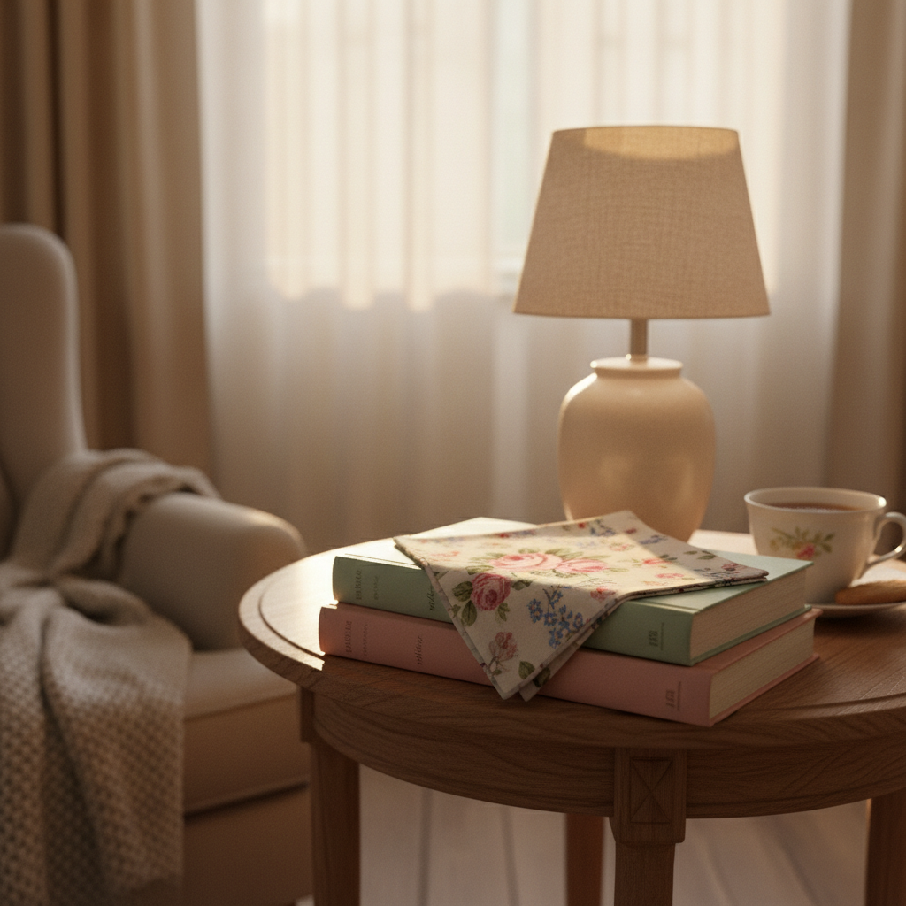 A cozy reading nook is depicted without any human presence: a cushioned armchair just out of frame, while in the foreground a folded, floral-print handkerchief sits atop a stack of gently worn, pastel-spined novels on a small side table. A ceramic lamp with a linen shade casts warm, diffused evening light, mingling with the last traces of golden hour glow filtering through sheer curtains behind. The light creates a soft halo on the handkerchief’s pattern and velvety shadows between the books. Photographed from a slightly low angle with shallow depth of field, this photographic realism image feels intimate, inviting, and quietly hopeful, capturing the comfort of everyday rituals and the enduring presence of love-filled routines.