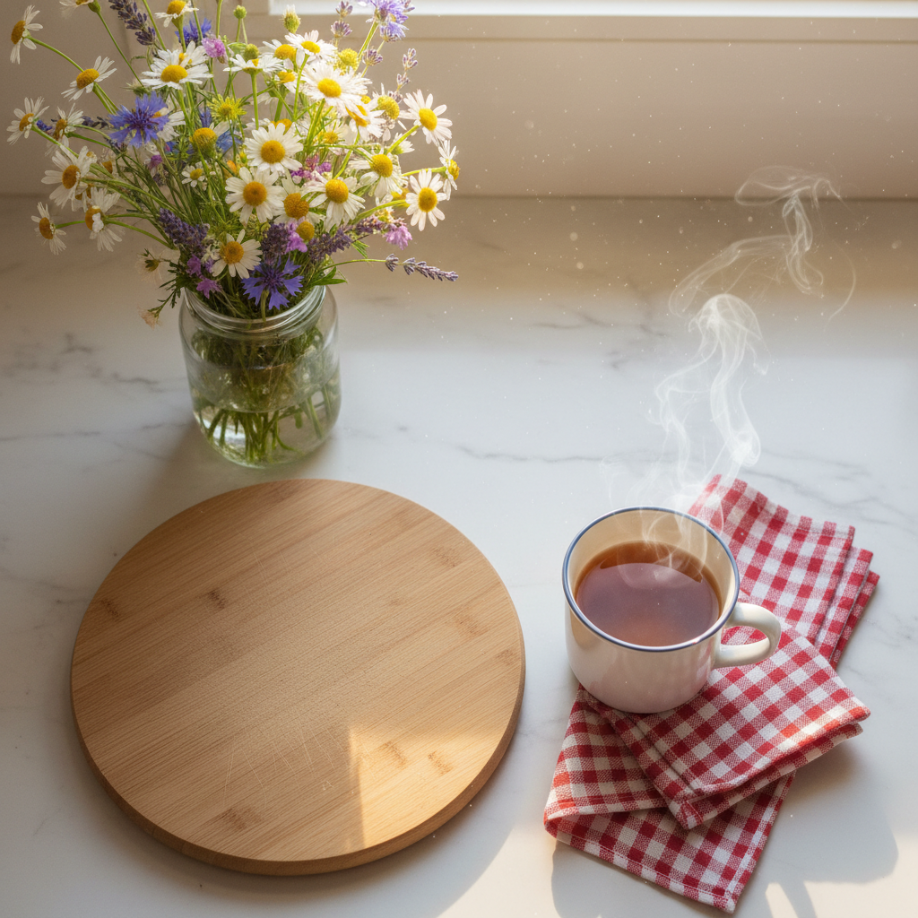 A tidy kitchen counter is styled with a simple glass jar of fresh wildflowers, a wooden cutting board, and a neatly folded gingham handkerchief placed near a steaming ceramic mug. Morning sunlight pours through an unseen window, creating crisp but gentle highlights on the mug’s glaze and a soft sheen on the handkerchief’s cotton fibers. Fine dust motes catch the light, adding a hint of magic to the ordinary scene. Shot from a bird’s-eye view with photographic realism, the composition arranges the objects in an asymmetrical yet balanced layout. The mood is bright, hopeful, and quietly joyful, evoking everyday life moments where small gestures—like offering a cup of comfort—sow positivity and love.