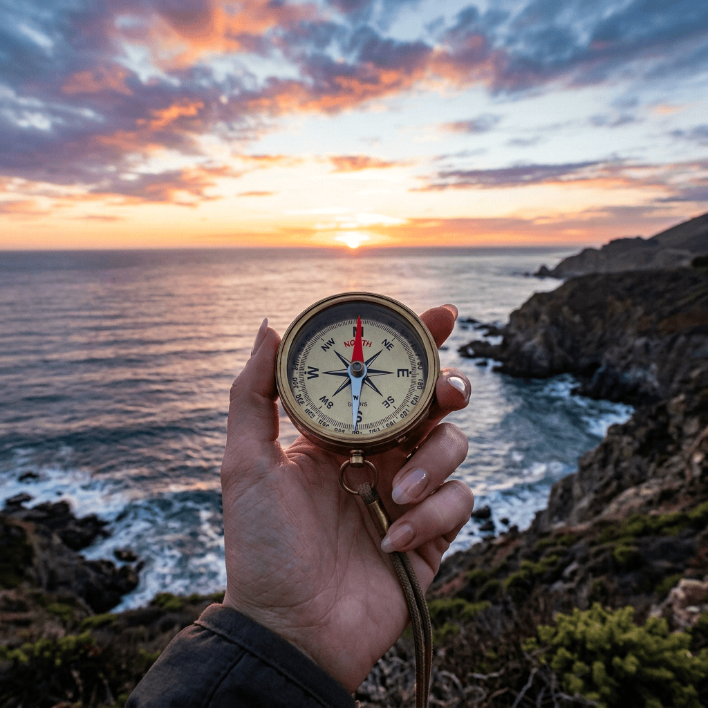 Hand holding a compass above rocky coastline at sunset